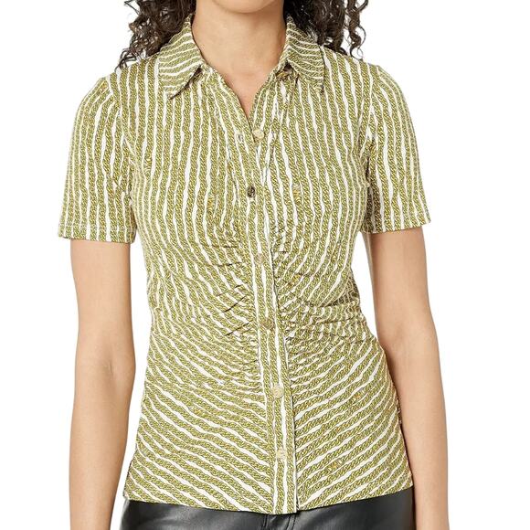 MICHAEL KORS Yellow Chain Print Button Front Ruched Top Blouse Size S - Picture 1 of 14